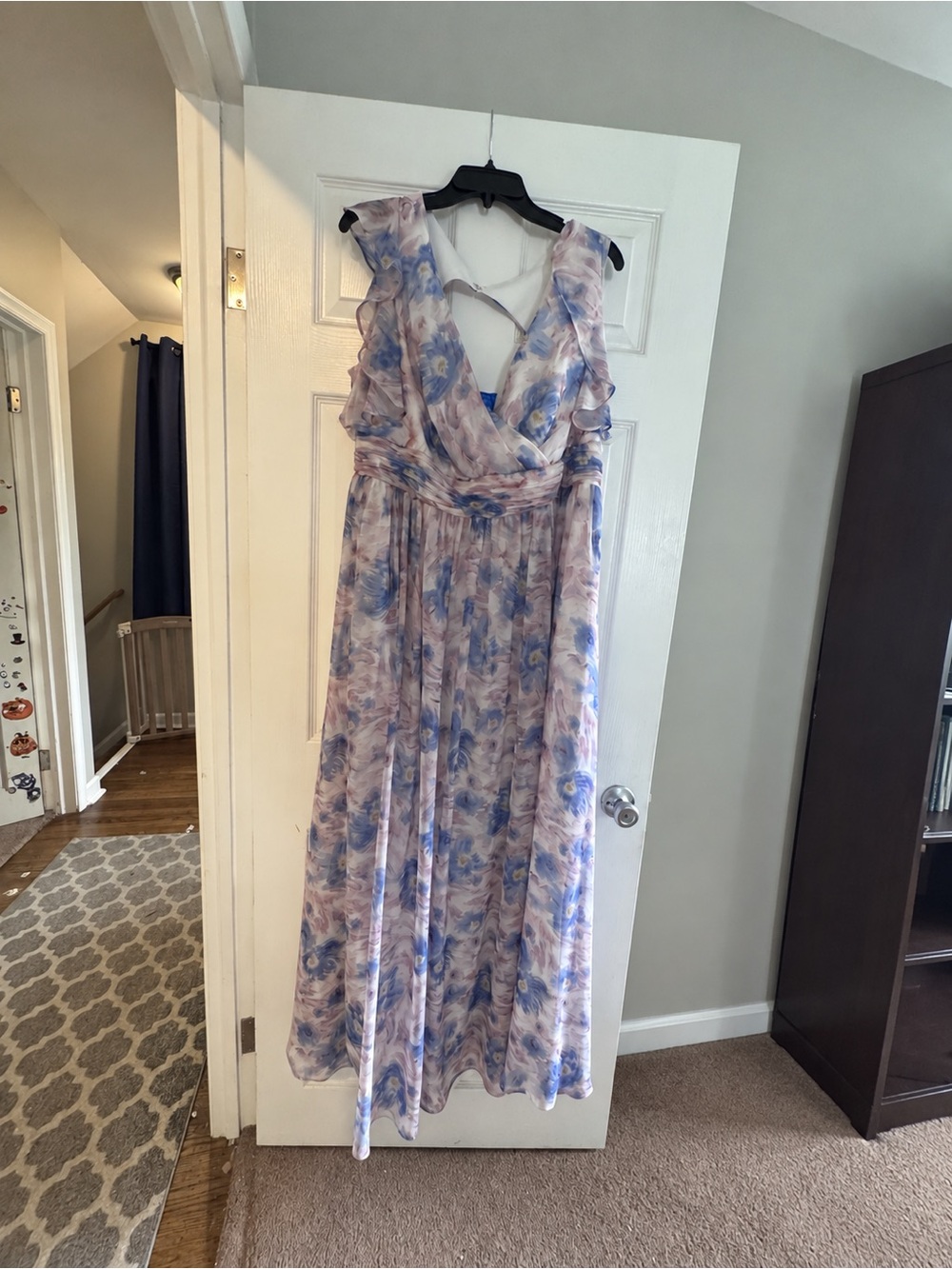 Ever Pretty Lavender and Blue Floral Ruffle V-Neck Maxi Dress